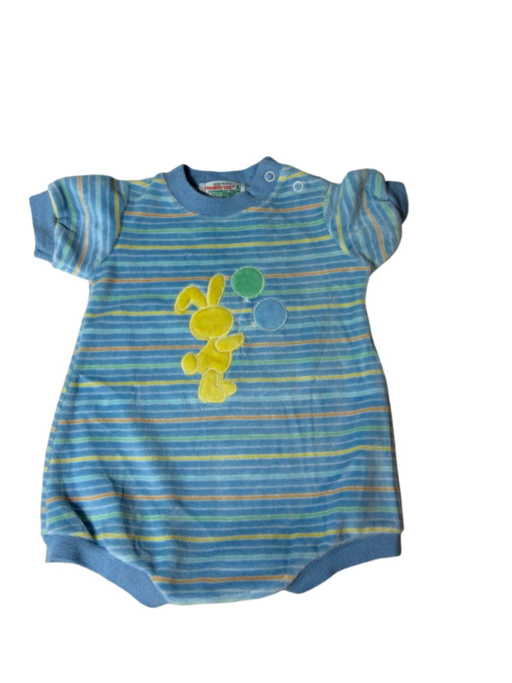 Vintage Health-tex Baby Romper 9 Months Bunny Chenille Pastel Stripe USA 70s/80s